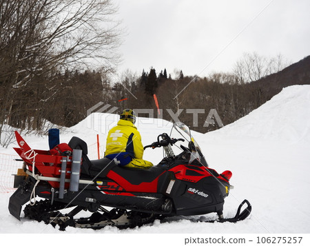 Hakuba Tsugaike Mountain Resort in winter Ski patrols watching over snowboard competitions Hakuba Tsugaike Mountain Resort in winter Ski patrols watching over snowboard competitions 106275257