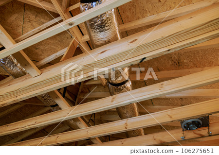 Crafting walls interior view of new unfinished house with wooden framing beams 106275651