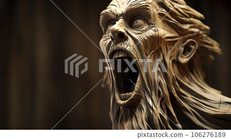 A wooden sculpture with a fierce expression of anger "AI-generated image" 106276189