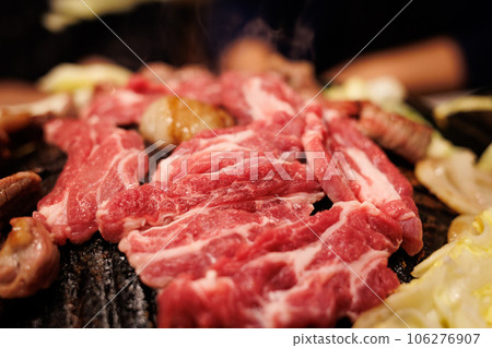 Raw lamb on a Genghis Khan pot 106276907