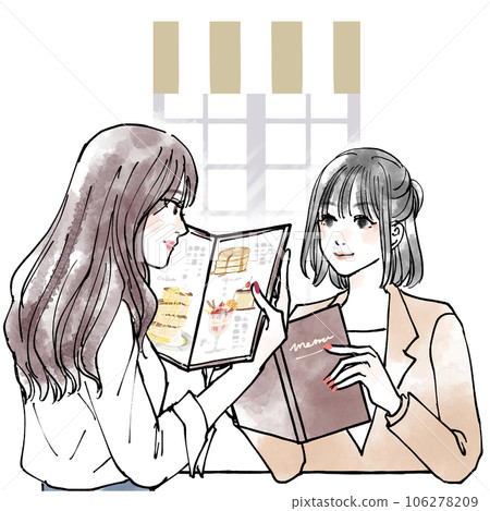 兩個女人在咖啡館看菜單 兩個女人在咖啡館看菜單 106278209