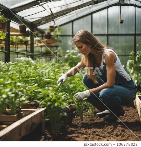 Attractive plant nursery female in her greenhouse Attractive plant nursery female in her greenhouse 106278822