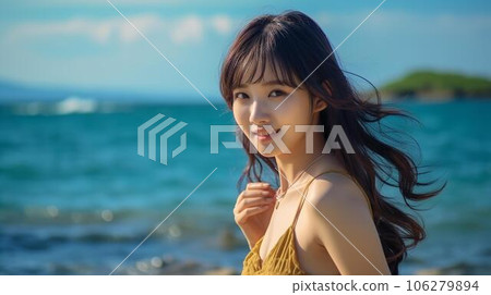 來到海邊的可愛的亞洲女人、女朋友、情人（生成AI） 106279894