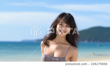 來到海邊的可愛的亞洲女人、女朋友、情人（生成AI） 106279898