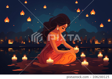 Indian woman holding oil lamp. Diwali festival of lights Design. Generative ai 106280125