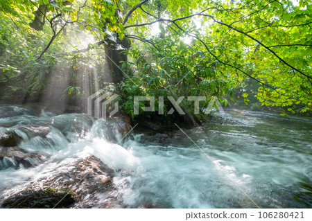 Scenery where the rays of light shine into the Kitanisawa mountain stream Scenery where the rays of light shine into the Kitanisawa mountain stream 106280421