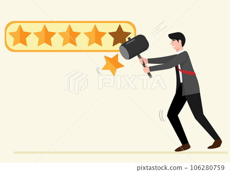 Downgrade credit rating, decrease reputation, trust or score drop, negative feedback, loss credit score or reduction concept, businessman hit star credit rating with big hammer. Downgrade credit rating, decrease reputation, trust or score drop, negative feedback, loss credit score or reduction concept, businessman hit star credit rating with big hammer. 106280759