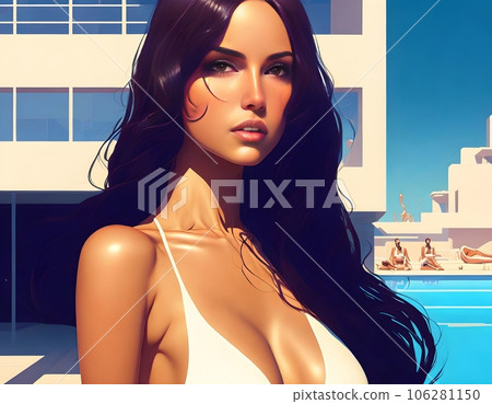 Young woman with wet hair sunbathing near pool 106281150
