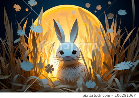 Full moon and rabbit paper craft AI generated image AI image 106281367