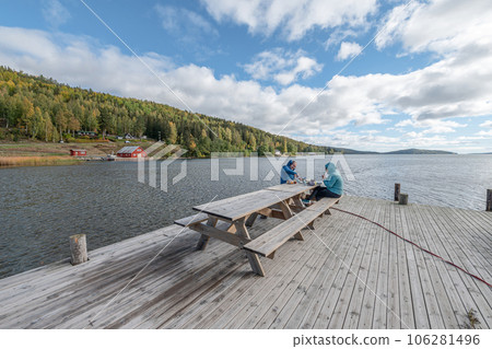 Breakfast at pier near the sea at skuleberget campsite caravan camping in Hoga Kusten Sweden 106281496