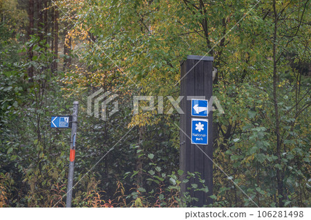 wooden hiking footpath in forest between trees in Skuleskogen National Park in Sweden in northern Europe Hoga Kusten wooden hiking footpath in forest between trees in Skuleskogen National Park in Sweden in northern Europe Hoga Kusten 106281498