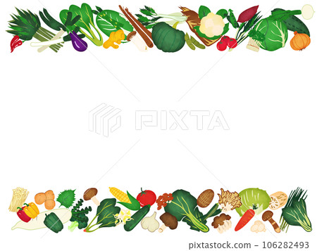 Frame with watercolor illustrations of vegetables and mushrooms on the top and bottom 106282493