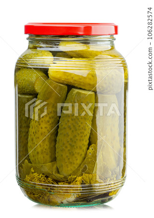 Pickled cucumbers jar isolated in white background. Homemade pickles. 106282574