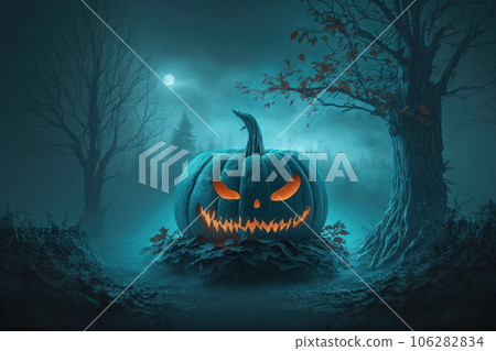 Close-up of a sinister glowing carved pumpkin lying on the ground in the forest. Close-up of a sinister glowing carved pumpkin lying on the ground in the forest. 106282834