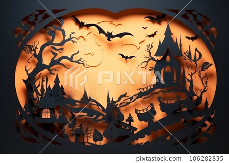 Round halloween night composition in a paper cut style design with old house, scary forest 106282835
