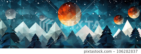 New Year banner with geometric design of snow-covered Christmas trees 106282837