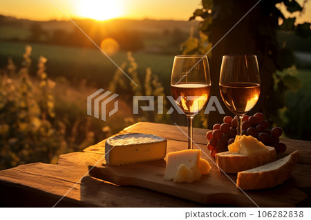 Gastronomic still life with glasses of wine on wooden table in setting sun outdoors Gastronomic still life with glasses of wine on wooden table in setting sun outdoors 106282838
