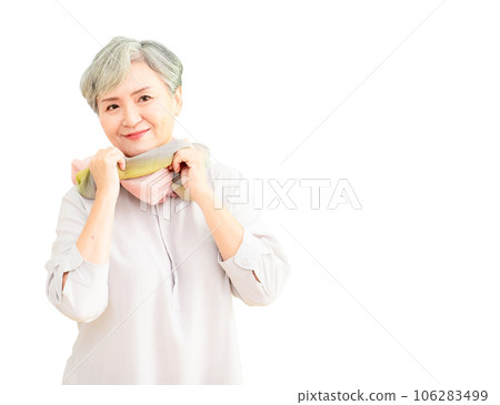 Senior beautiful grey-haired asian woman wearing casual dress and silk scarf. Senior beautiful grey-haired asian woman wearing casual dress and silk scarf. 106283499