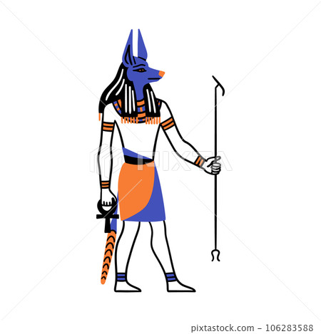 Cartoon Color Character Egyptian God Anubis Egypt Myth Concept Flat Design Style. Vector illustration of Ancient Mythology Personage or Sculpture 106283588
