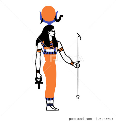 Cartoon Color Character Egyptian God Hathor Egypt Myth Concept Flat Design Style. Vector illustration of Ancient Mythology Personage or Sculpture 106283603