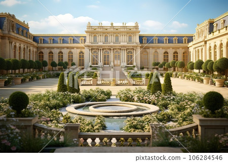 Garden and facade of the palace of versailles. Beautiful gardens outdoors near Paris, France. The Palace Versailles was a royal chateau and was added to the UNESCO list of World Heritage Sites Garden and facade of the palace of versailles. Beautiful gardens outdoors near Paris, France. The Palace Versailles was a royal chateau and was added to the UNESCO list of World Heritage Sites 106284546
