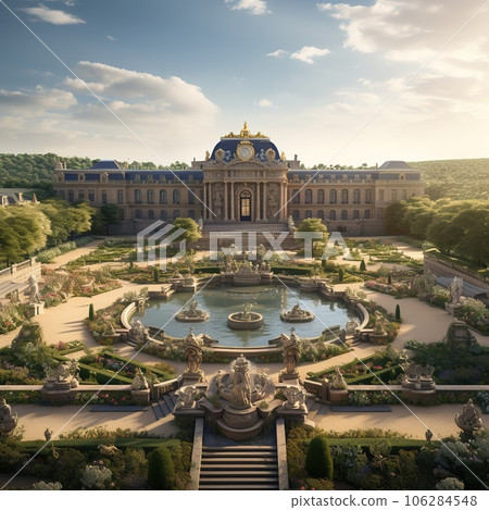Garden and facade of the palace of versailles. Beautiful gardens outdoors near Paris, France. The Palace Versailles was a royal chateau and was added to the UNESCO list of World Heritage Sites Garden and facade of the palace of versailles. Beautiful gardens outdoors near Paris, France. The Palace Versailles was a royal chateau and was added to the UNESCO list of World Heritage Sites 106284548
