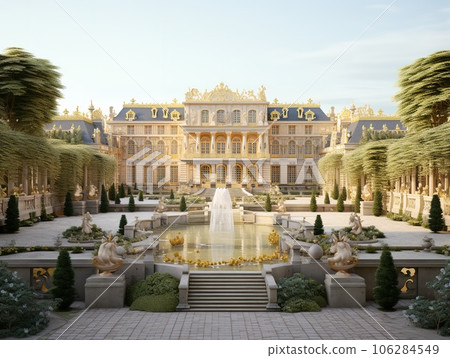 Garden and facade of the palace of versailles. Beautiful gardens outdoors near Paris, France. The Palace Versailles was a royal chateau and was added to the UNESCO list of World Heritage Sites Garden and facade of the palace of versailles. Beautiful gardens outdoors near Paris, France. The Palace Versailles was a royal chateau and was added to the UNESCO list of World Heritage Sites 106284549