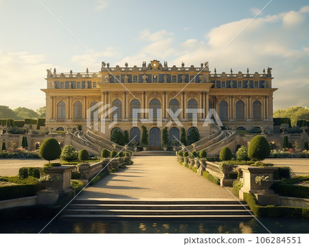 Garden and facade of the palace of versailles. Beautiful gardens outdoors near Paris, France. The Palace Versailles was a royal chateau and was added to the UNESCO list of World Heritage Sites 106284551
