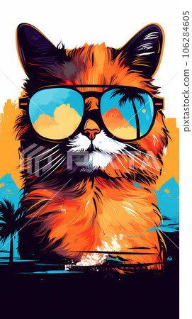 手绘卡通戴着墨镜的猫插画 106284605