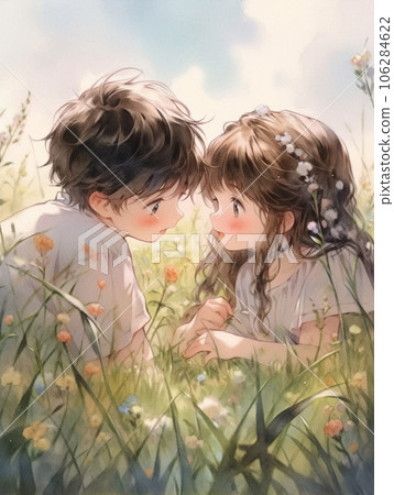 男孩女孩在草地上的秘密談話 106284622