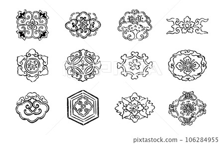 Hand-drawn style monochrome traditional Japanese pattern set 01. 106284955