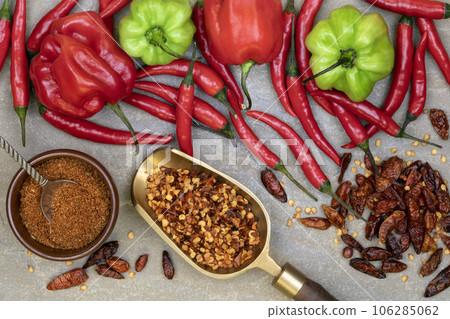 Fresh, dried and powdered chili Fresh, dried and powdered chili 106285062