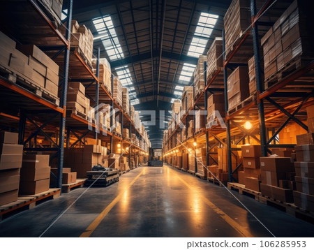 A large warehouse with multiple stacks of boxes, parcels, and merchandise, long corridor along the way. Generative AI 106285953
