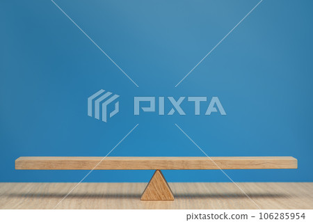 Empty wooden scales on a blue background. The concept of equilibrium and balance. High quality photo with copy space. Empty wooden scales on a blue background. The concept of equilibrium and balance. High quality photo with copy space. 106285954