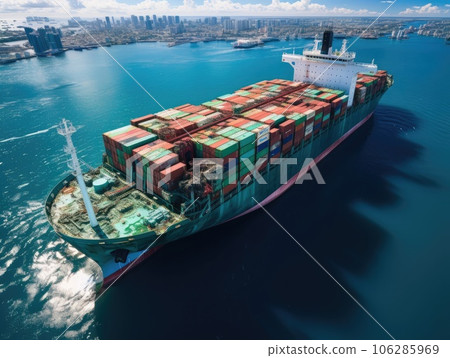 Top view container ship surreal with world planet map background, Logistic and transport concept. Generative AI Top view container ship surreal with world planet map background, Logistic and transport concept. Generative AI 106285969