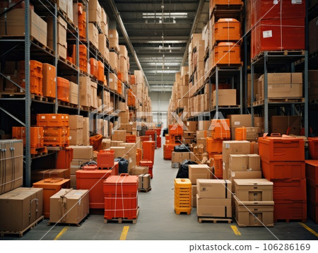 A large warehouse with multiple stacks of boxes, parcels, and merchandise is illuminated by a hanging lamp. Generative AI 106286169