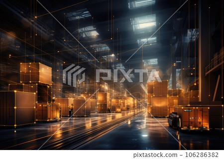 A large warehouse with rows of multiple stacks of boxes and merchandise, forklift loads pallets and boxes in warehouse. Generative AI A large warehouse with rows of multiple stacks of boxes and merchandise, forklift loads pallets and boxes in warehouse. Generative AI 106286382
