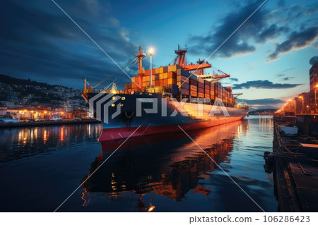 Business logistics and transportation concept of a container cargo ship and cargo with a working crane bridge in a shipyard and a sunset in the background. Generative AI 106286423