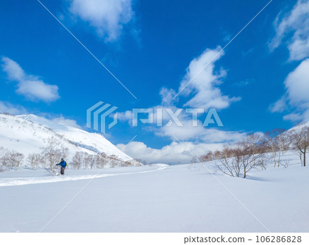 Skiers skiing on a snowy field in the mountains (Hokkaido, Kutchan town, around the Iwaonupuri trailhead) 106286828