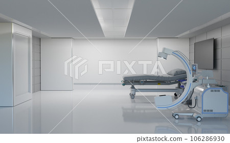 Clean medical room with c arm and hospital bed with copy space Clean medical room with c arm and hospital bed with copy space 106286930