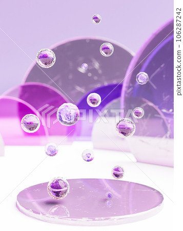 Levitating glass balls above shiny display. 3d render 106287242