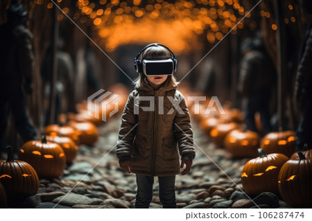 Boy wearing virtual reality headset and in halloween costumes. VR goggles. Generative AI Boy wearing virtual reality headset and in halloween costumes. VR goggles. Generative AI 106287474