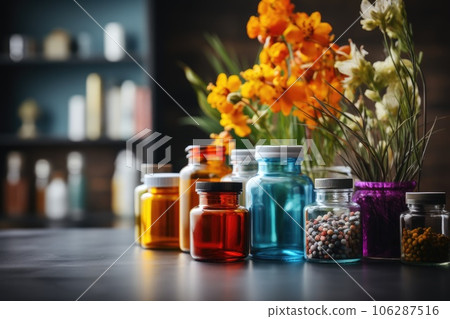Scientific equipments spread on desk. Generative AI 106287516