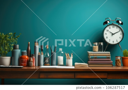 Top view Office desk with office tools, computer laptop on wood table background with copy space. Generative AI Top view Office desk with office tools, computer laptop on wood table background with copy space. Generative AI 106287517