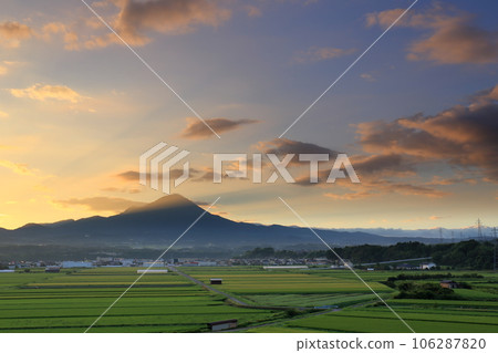 美麗的夏季鄉村景觀，鳥取縣的 Houki Daisen 山和藍天下的綠色水稻植物 106287820