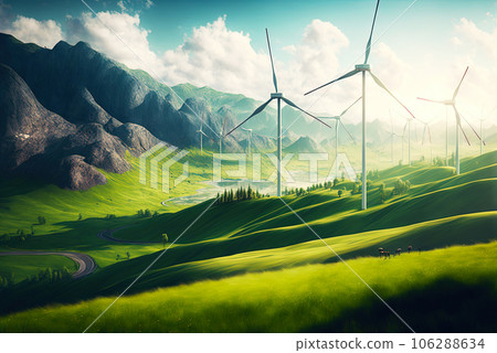 Landscape with windmills. Renewable electricity technology. Generative AI 106288634