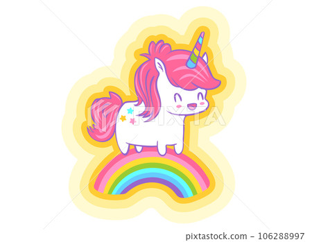 Vector greeting card with cute unicorn and rainbow in kawaii style. Vector illustration of a cute unicorn is in rainbow Vector greeting card with cute unicorn and rainbow in kawaii style. Vector illustration of a cute unicorn is in rainbow 106288997