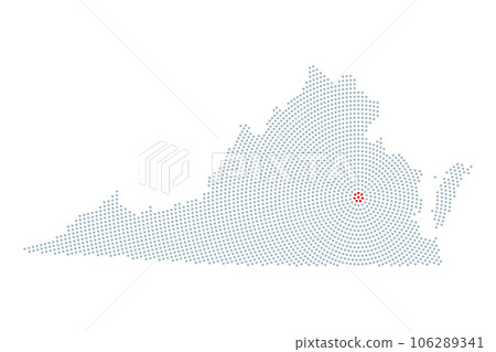 Virginia, silhouette of the U.S. state with radial dot pattern. Outline of the Commonwealth of Virginia, resulting from gray dots, arranged in circles, starting from the red dotted capital Richmond. 106289341