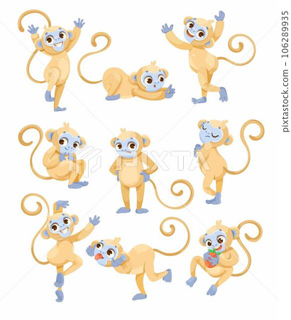 Cheerful Monkey Character with Prehensile Tail Vector Illustration Set Cheerful Monkey Character with Prehensile Tail Vector Illustration Set 106289935