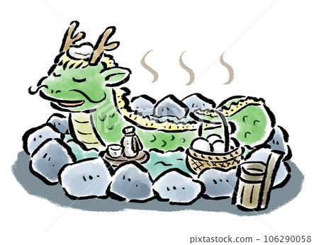 A dragon (dragon) relaxing in a hot spring Hand-drawn illustration with brush strokes 106290058